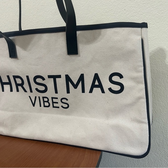 Santa Barbara Tote Bag Cotton Canvas Leather Handles Black/White Christmas Vibes - Picture 7 of 15